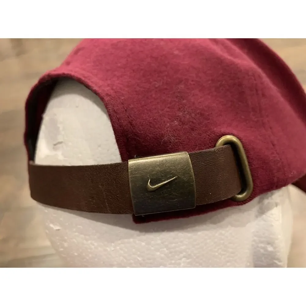 Vtg 90s Nike Red Property Of Nike Athletic Dept Leather Strapback Hat Cap Wool